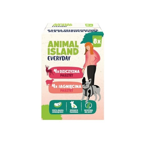 ANIMAL ISLAND Everyday pasztet, saszetka pies 8 szt; 150g x 4 szt dziczyzna, 150g x 4 szt jagnięcina