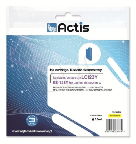 Actis KB-123Y Tusz (zamiennik Brother LC123Y/LC121Y; Standard; 10 ml; żółty)
