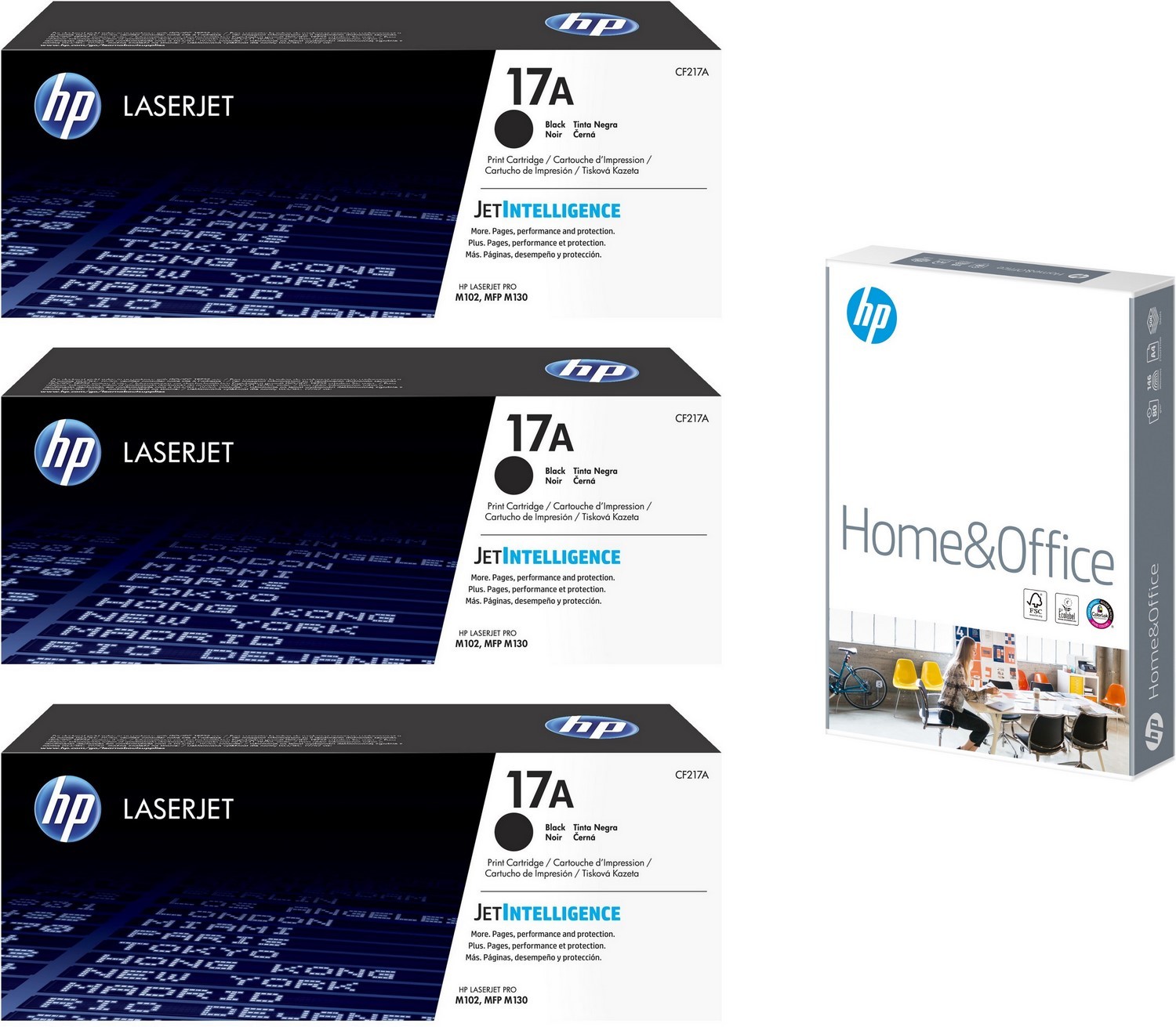 Oryginał Zestaw Toner HP CF217A czarny - trzy sztuki + Papier HP Home & Office