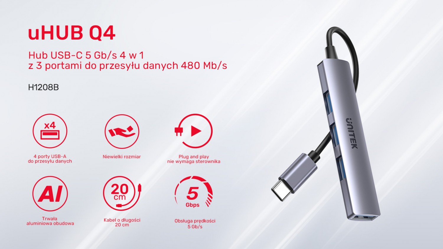 Unitek Hub USB-C 1*USB-A 5 Gbps, 3*USB-A 2.0 alu
