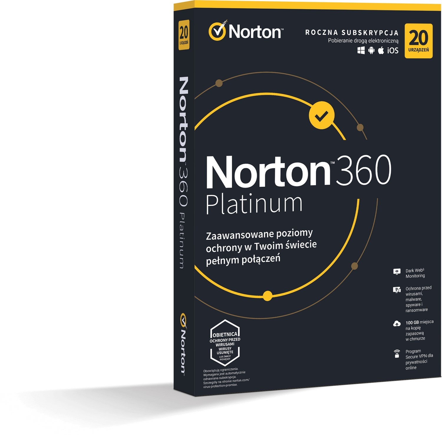 Ochrona i bezpieczeństwo danych Norton 360 Platinum BOX PL 20 - device - licencja na rok