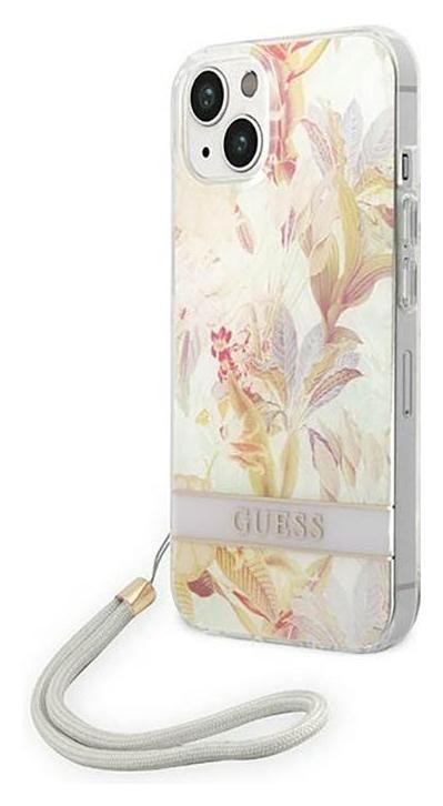 Guess Flower Cord etui ze smyczką do iPhone 14 (fioletowy)