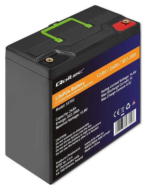 Qoltec Akumulator LiFePO4 LiFePO4 Litowo-Żelazowo-Fosforanowy | 12.8V | 24Ah | 307.2Wh | BMS