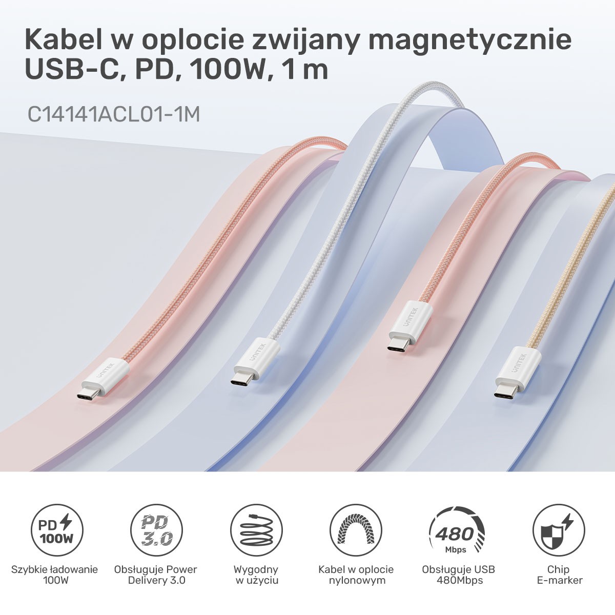 Unitek Kabel w oplocie zwijany magnetycznie USB C PD 100W beżowy 1m