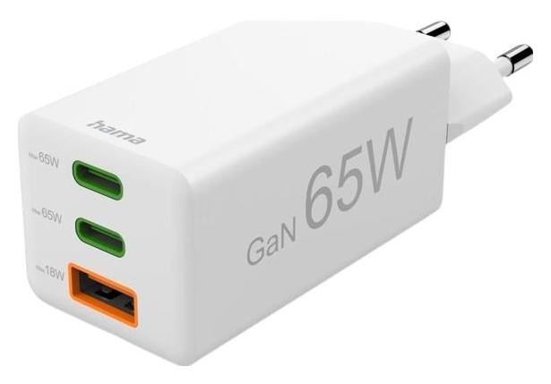 Hama mini GaN 65W PD/QC 2x USB-C, 1x USB-A biały