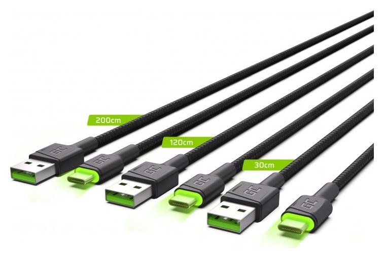 Green Cell USB-C Typ C 30cm, 1,2m, 2m LED Green Cell Ray, szybkie ładowanie QC 3.0