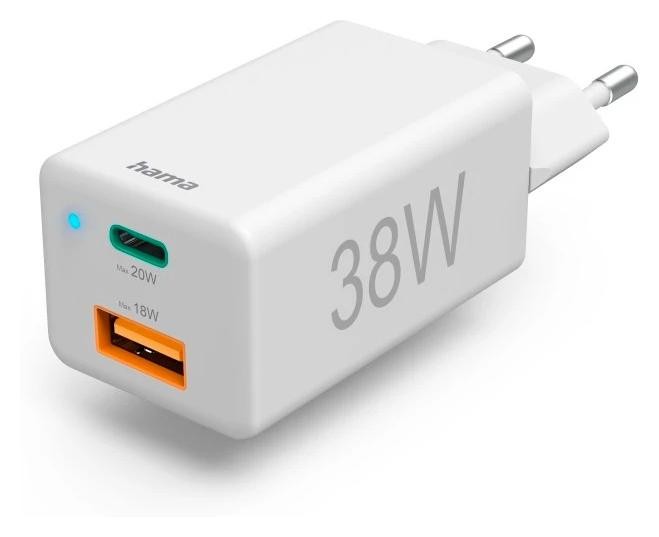 Hama mini 38W, GaN PD/QC 3.0 (1X USB-C, 1X USB-A), biała
