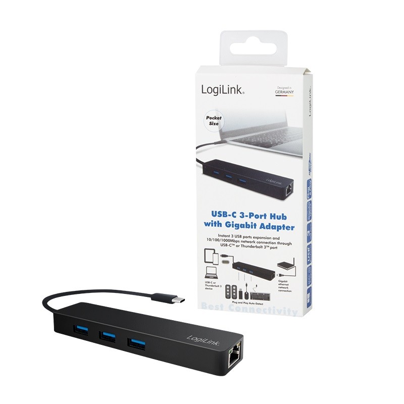 LogiLink 3-portowy USB-C z adapterem gigabit