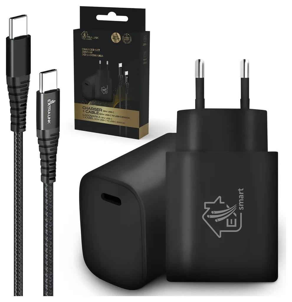 Extralink Smart Life 60W 20V 3A, USB-C-USB-C, 2.0m / 18W PD3.0 5V/3A 9V/2A czarny