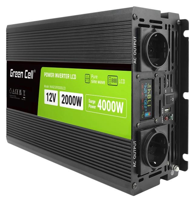 Green Cell PowerInverter LCD 12 V 2000W/40000W - czysty sinus