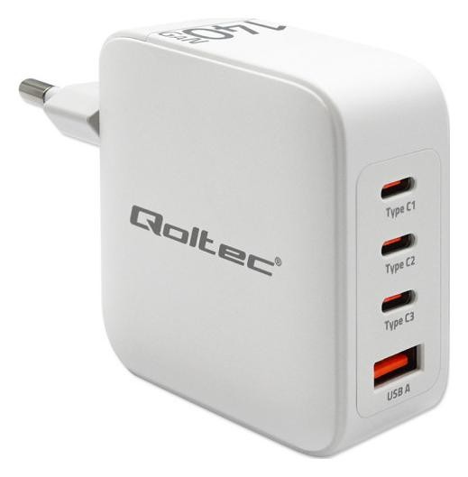 Qoltec 140W GaN| 5-20V | 2.5-5A | 3 x USB-C PD | 1 x USB QC 3.0 | Biała