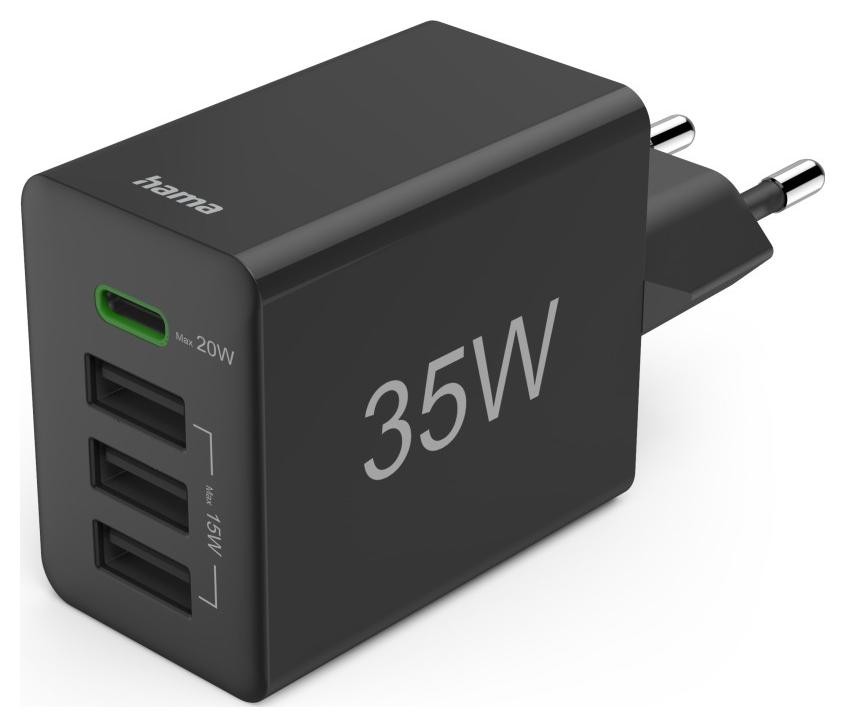 Hama 35W PD/QC 1x USB-C, 3x USB-A, czarna