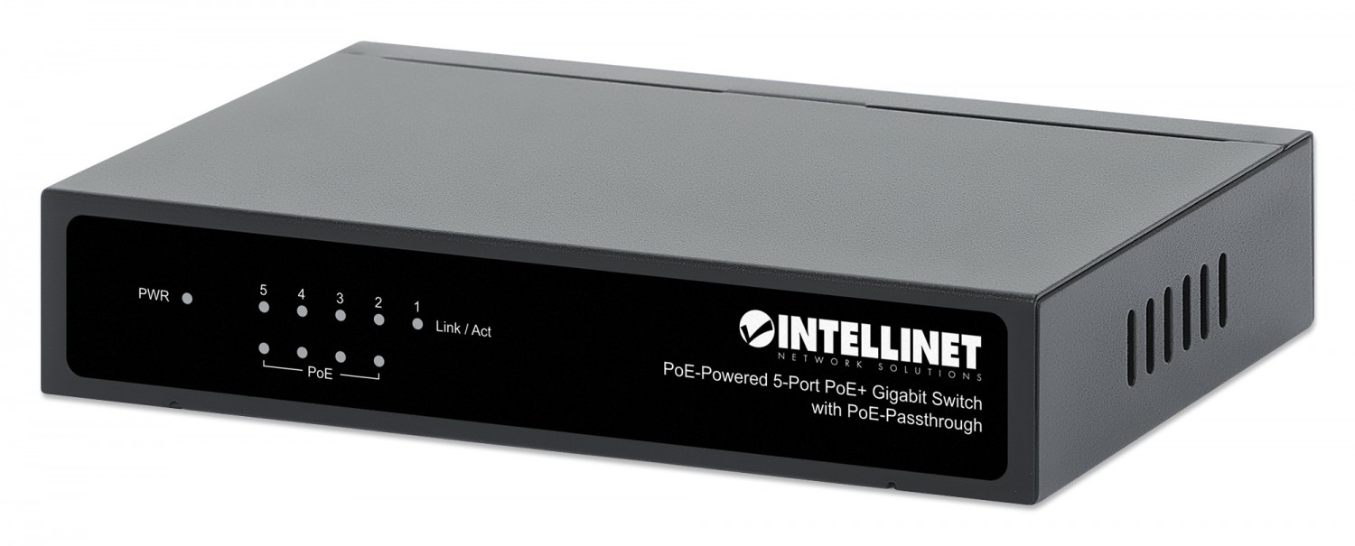 Intellinet 561082 Switch 5p Gigabit PoE Passthrough, zasilany PoE lub AC, 68W