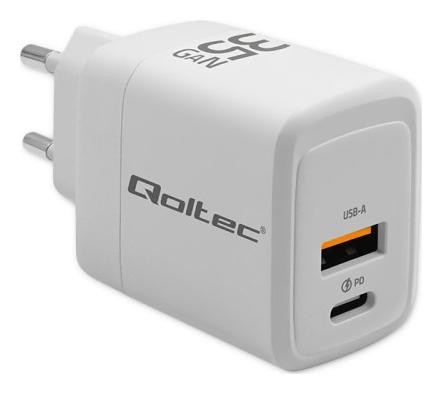 Qoltec 35W GaN| 5-20V | 1.5-3A | 1 x USB-C PD | 1 x USB QC 3.0 | Biała