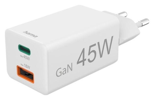 Hama mini GaN 45W PD/QC 1x USB-C, 1x USB-A biały