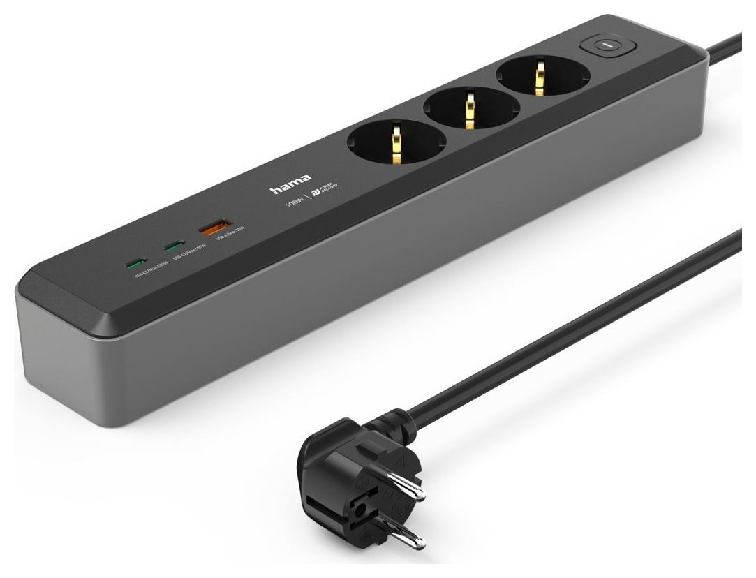 Hama 3 gniazda SCHUKO, 1,4M, 2 USB-C, 1 USB-A, Power Delivery, 100W