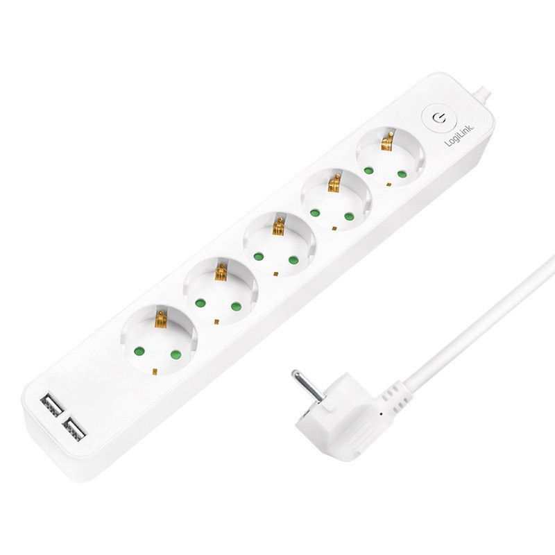 LogiLink 5 gniazd 1.5m biała | 2 x USB