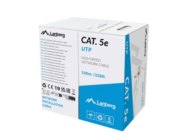 Lanberg kabel LAN UTP kat.5E 100m drut CU szary fluke passed