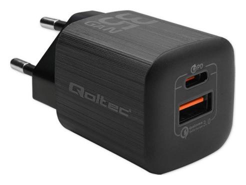Qoltec 35W GaN ULTRA | 5-20V | 2.25-3A | 1 x USB typ C PD | 1 x USB QC 3.0 | Czarna