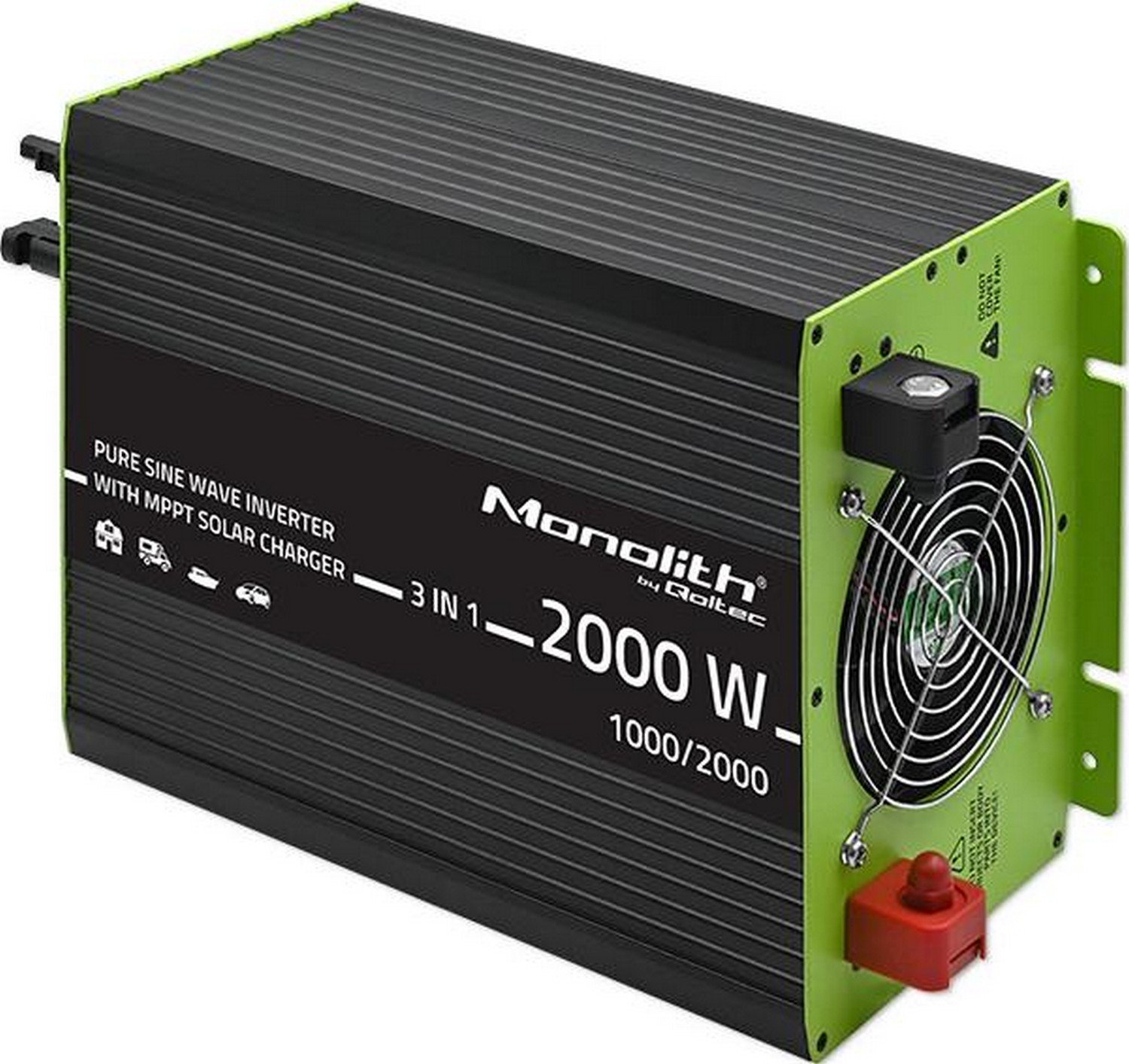 Qoltec Przetwornica solarna Monolith 3w1 z funkcją ładowania AC |MPPT | UPS | ATS | 1000W | 2000W | 12V na 230V | Czysty Sinus