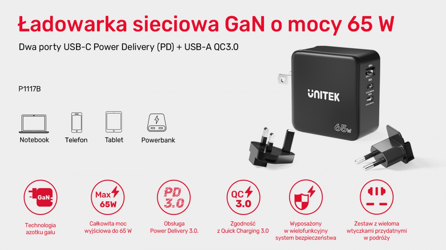 Unitek GaN, PD 65W, podróżna, 3 porty