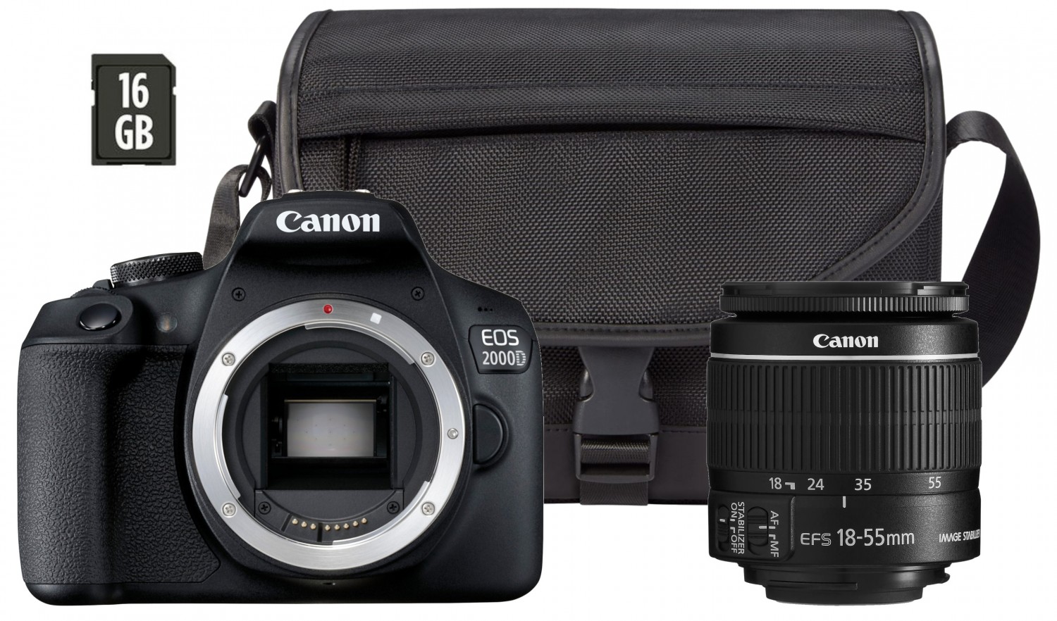 Canon EOS 2000D + obiektyw EF-S 18-55 IS II + VUK (torba SB130 + karta 16GB)