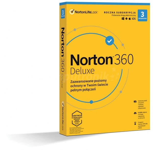 Ochrona i bezpieczeństwo danych Norton 360 Deluxe BOX PL 3 - device - licencja na rok