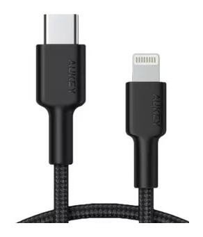 Aukey CB-CL03 nylonowy Lightning-USB C | USB Power Delivery USB-PD | 2m | certyfikat MFi Apple | czarny