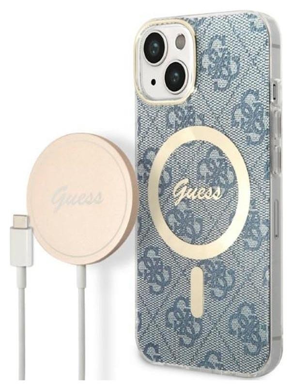 Etui typu plecki Guess Bundle Pack MagSafe 4G - Zestaw etui + ładowarka MagSafe iPhone 14 (niebieski/złoty)