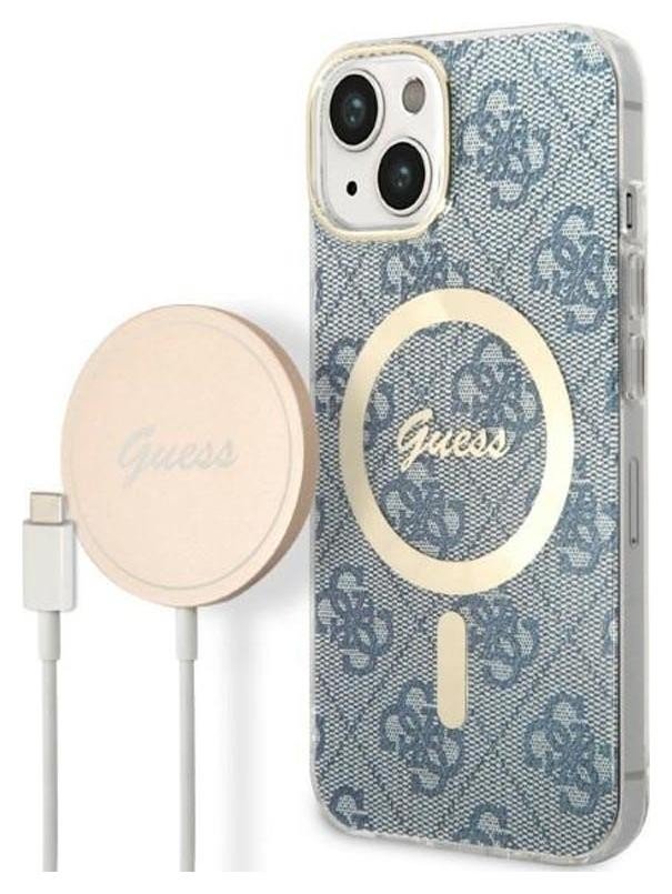 Etui typu plecki Guess Bundle Pack MagSafe 4G - Zestaw etui + ładowarka MagSafe iPhone 14 (niebieski/złoty)