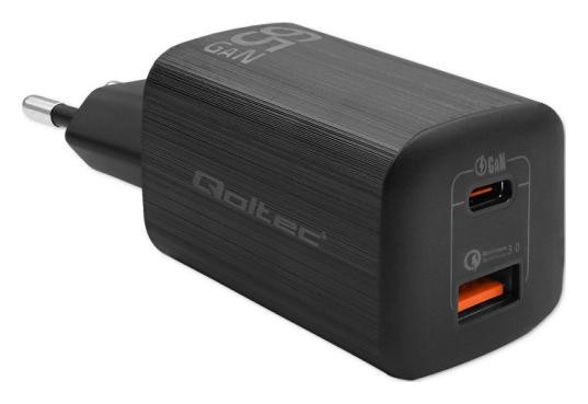 Qoltec 65W GaN ULTRA | 5-20V | 2.25-3.25A | 1 x USB typ C PD | 1 x USB QC 3.0 | Czarna