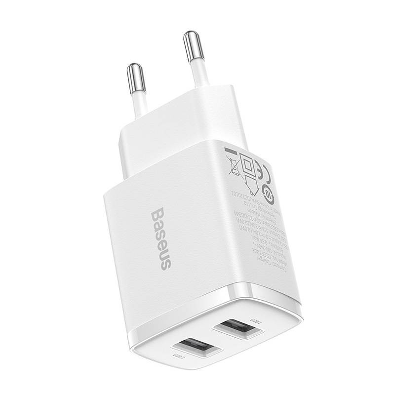 Baseus Compact Quick Charger, 2x USB, 10.5W (biała)