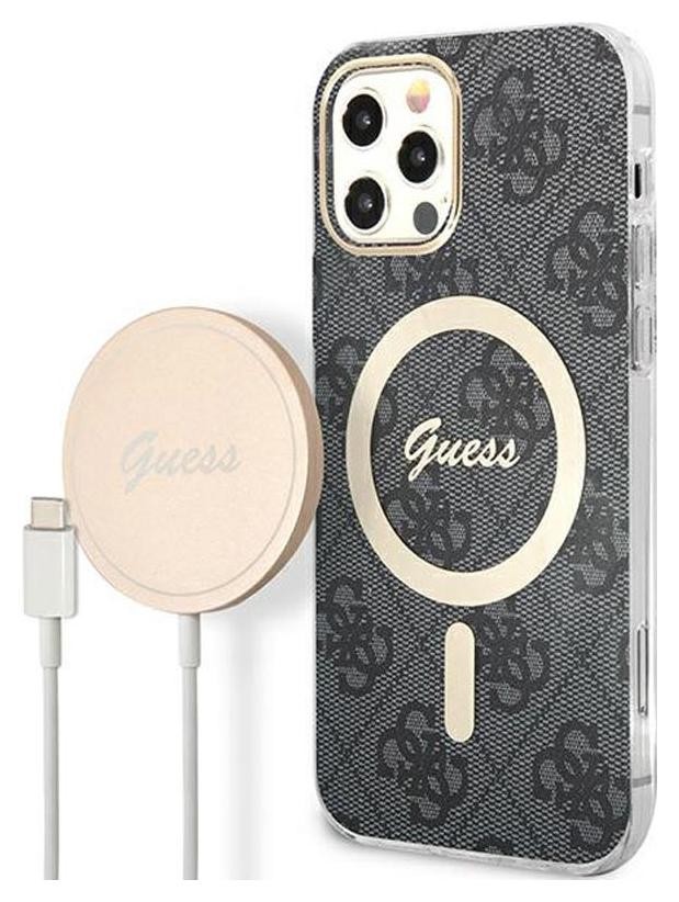 Etui typu plecki Guess Bundle Pack MagSafe 4G - Zestaw etui + ładowarka MagSafe iPhone 12 / iPhone 12 Pro (czarny/złoty)