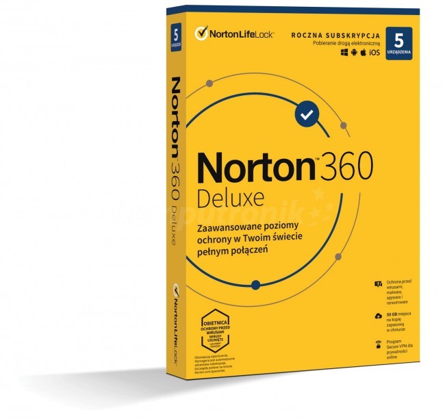 Ochrona i bezpieczeństwo danych Norton 360 Deluxe BOX PL 5 - device - licencja na rok