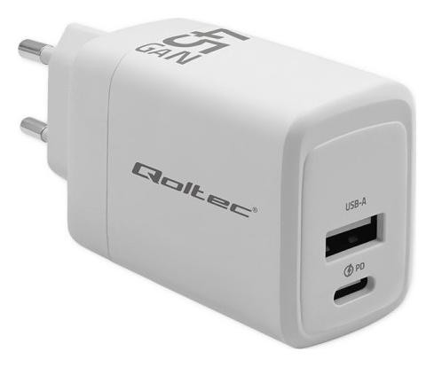 Qoltec 45W GaN| 5-20V | 1.5-3A | 1 x USB-C PD | 1 x USB QC 3.0 | Biała
