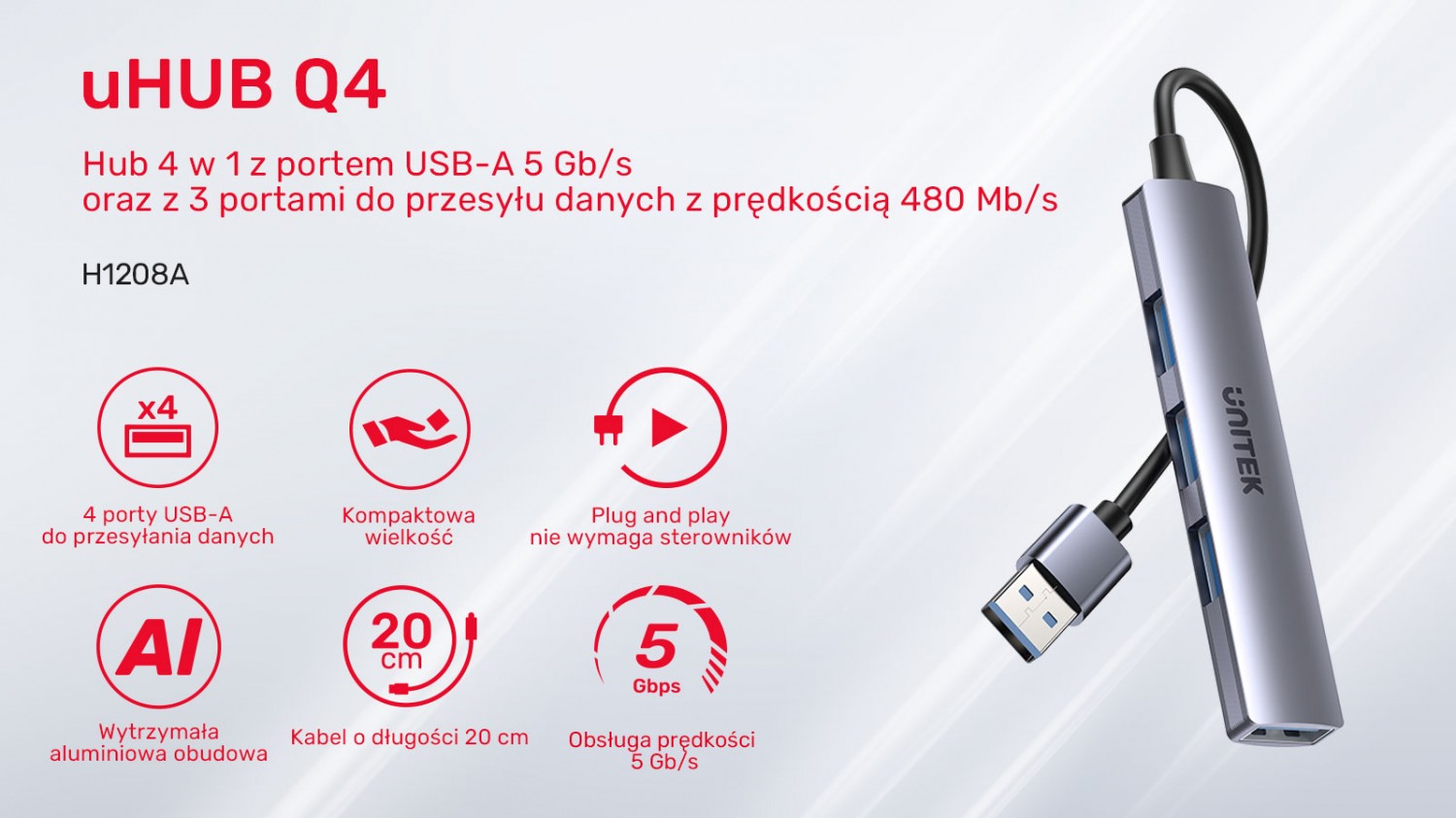 Unitek Hub USB-A 1*USB-A 5 Gbps, 3*USB-A 2.0 alu