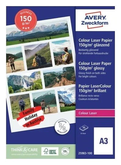 Obustronnie powlekany Papier Avery do kolorowych drukarek laserowych, błyszczący, dwustronnie powlekany, 150 g, 297 x 420 mm A3