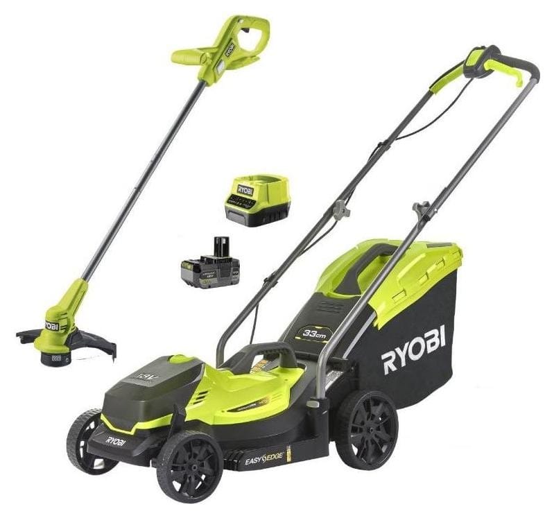 Ryobi Zestaw: kosiarka akumulatorowa OLM1833 33cm+ podkaszarka akumulatorowa RY18LT23A 23cm + akumulator 4.AH + ładowarka