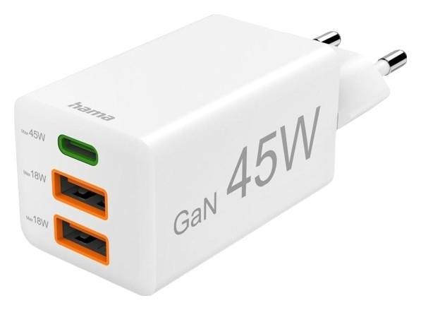 Hama mini GaN 45W PD/QC 1x USB-C, 2x USB-A biały