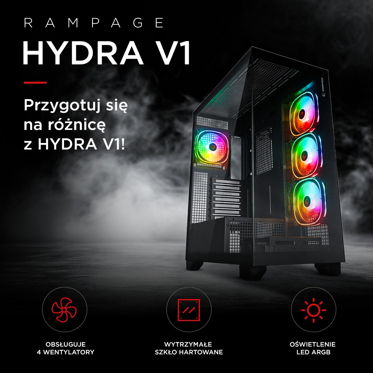 Rampage Hydra V1 Obudowa PC 4x wentylator USB C/USB A ARGB + hub, czarna