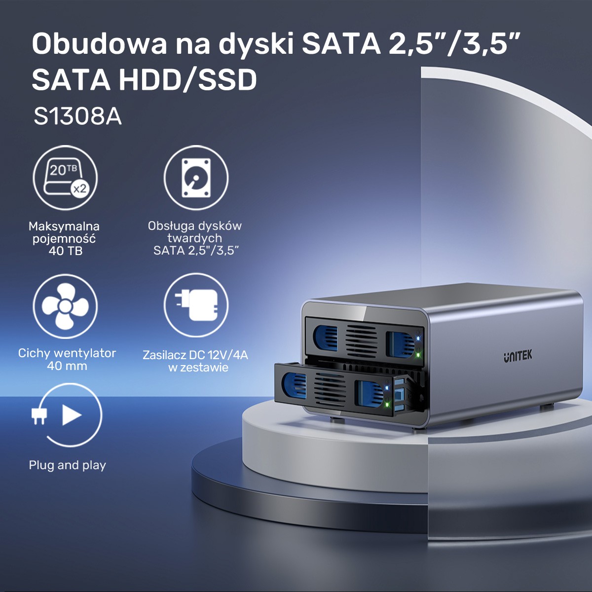 Obudowa do dysków twardych Unitek Kieszeń na dyski SATA 2,5''/3,5'' SATA HDD/SSD 40TB