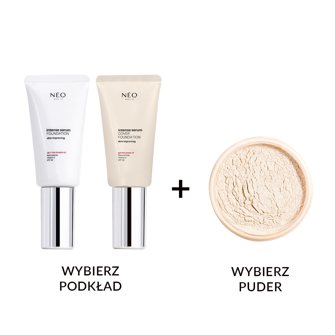 Skompletuj zestaw: podkład Intense Serum + puder sypki rozświetlający lub transparentny