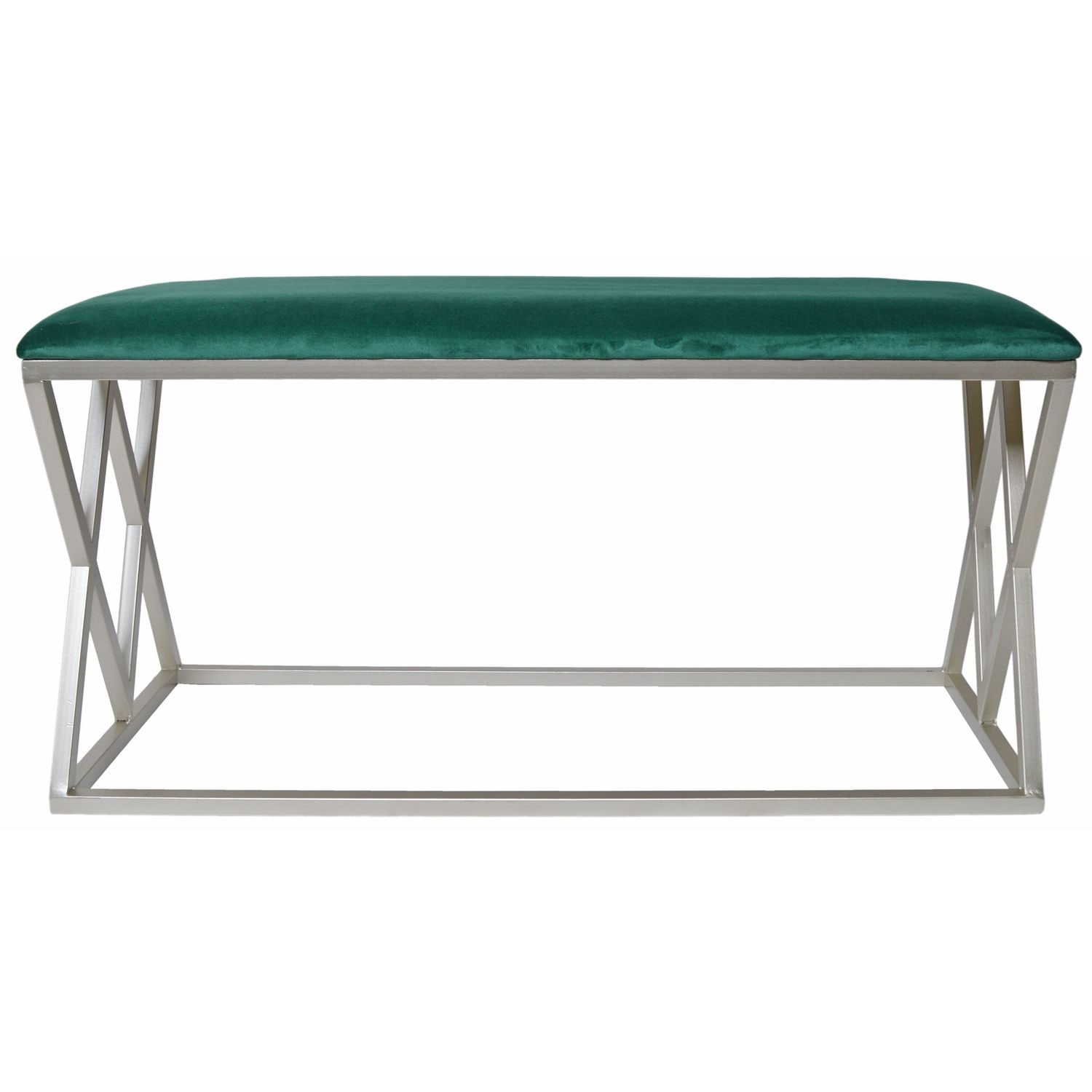 Ławka w kolorze butelkowej zieleni na metalowych nogach