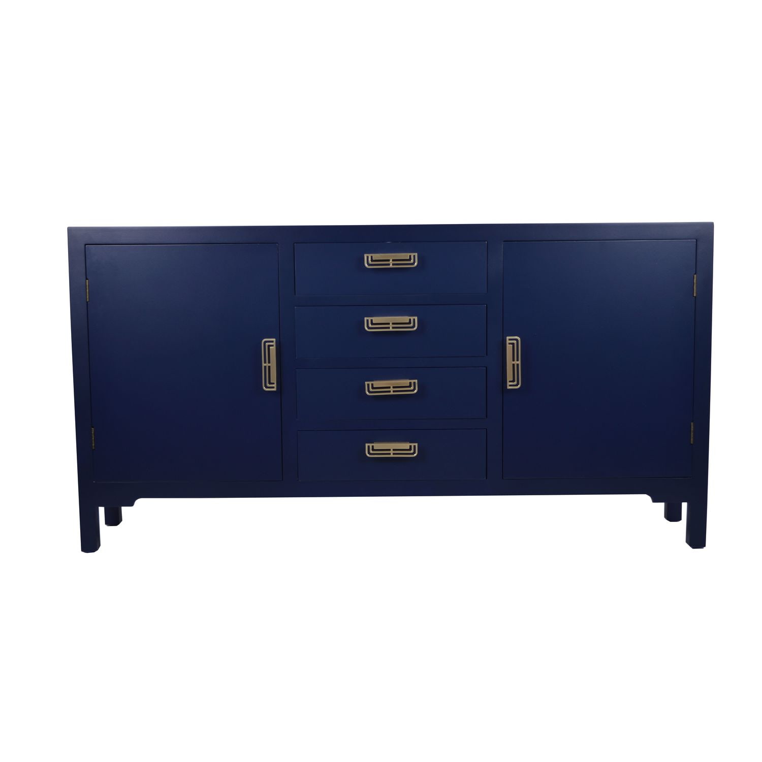 Duża komoda granatowa dwudrzwiowa ze złotymi uchwytami i szufladami