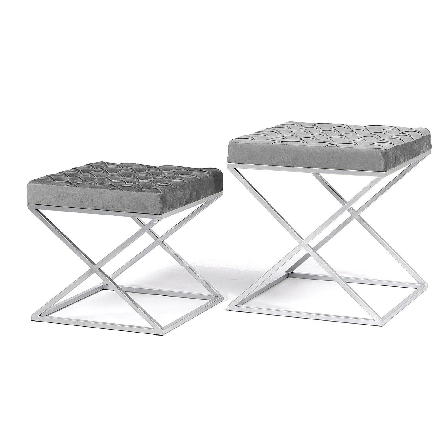 Zestaw 2 puf Royal z szarym pikowanym siedziskiem na srebrnym stelażu