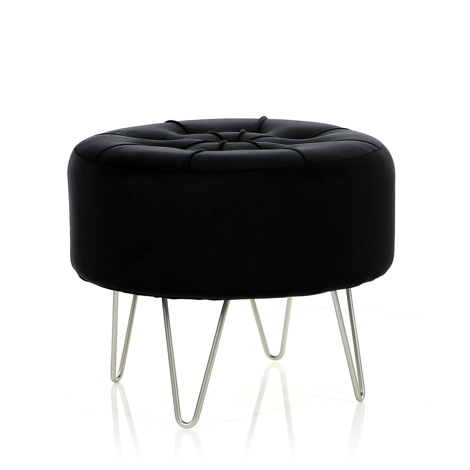 Puf pikowany czarny Alia welur na srebrnej podstawie