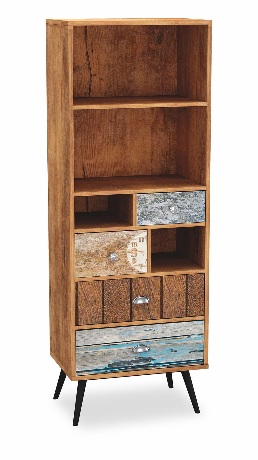 Regał na czarnych metalowych nogach z szufladami