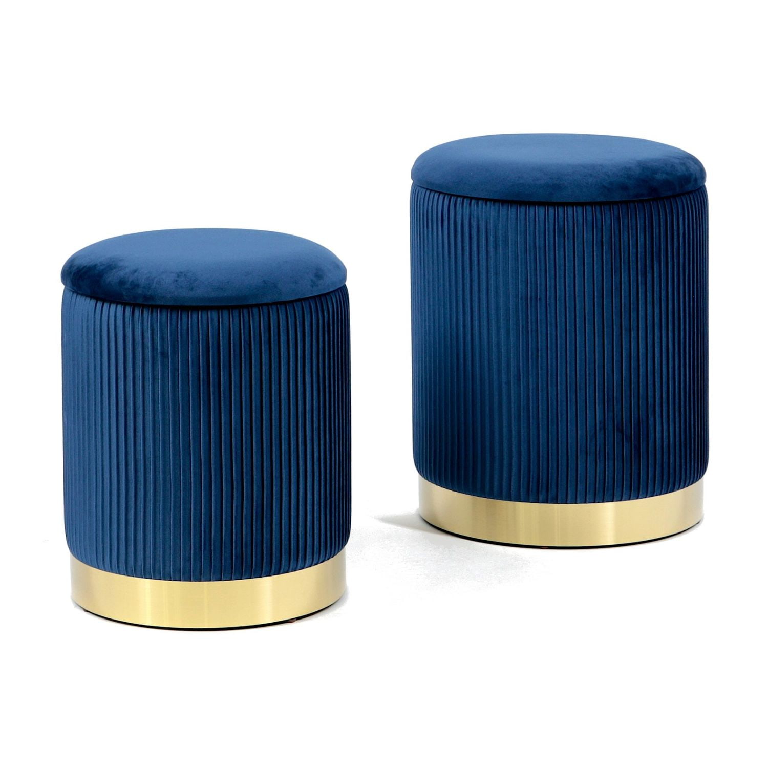 Komplet puf Flora z niebieskim welurowym siedziskiem na złotej podstawie