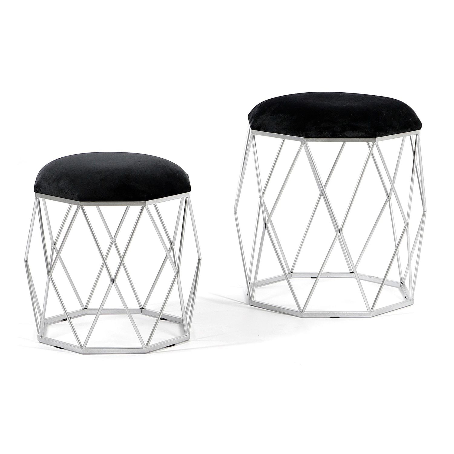 Zestaw 2 puf Venus z czarnym welurowym siedziskiem na srebrnym stelażu