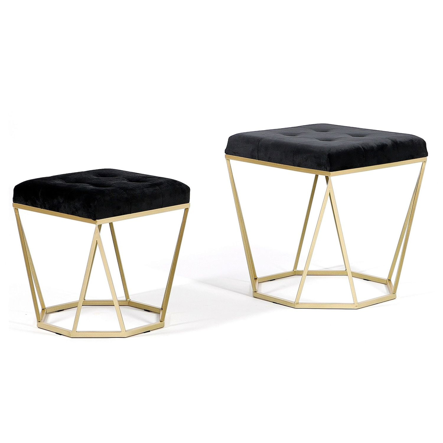 Zestaw 2 puf Oktana z czarnym welurowym siedziskiem na złotym stelażu